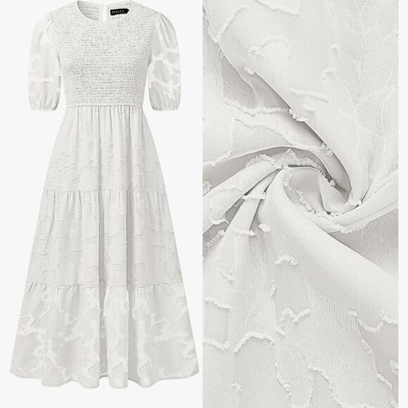 ZESICA FLORAL LACE FLOWY SHORT SLEEVE SMOCKED MIDI DRESS - Picture 4 of 16